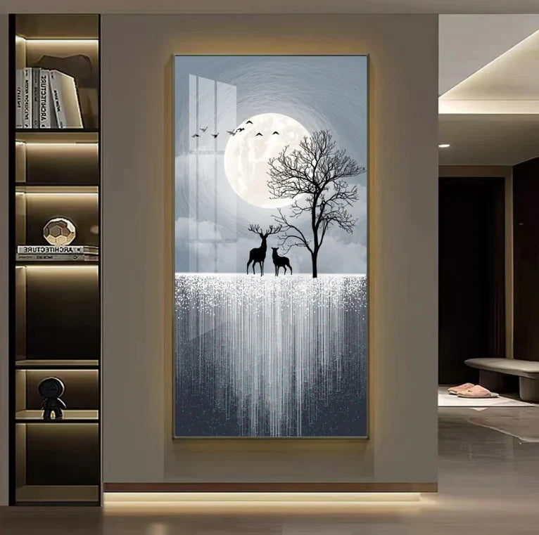 Premium Black Deer Family Crystal Glass Painting With LED Light For Wall Decor [24x48 Inch]