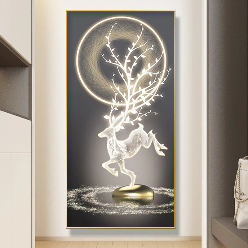 Premium White Deer Crystal Glass Painting With LED Light For Wall Decor [24x48 Inch]