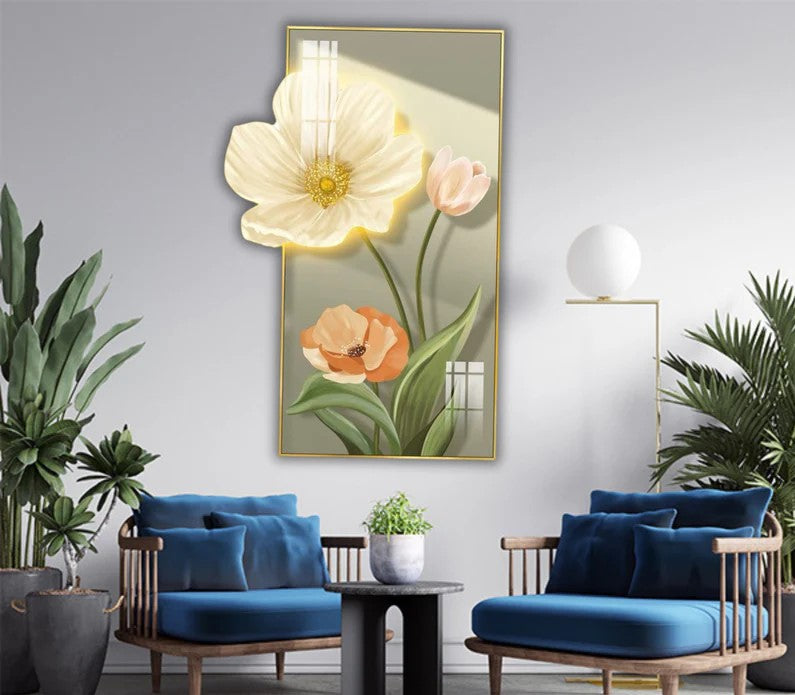 Premium Flower Crystal Glass Painting With LED Light For Wall Decor [24x48 Inch]