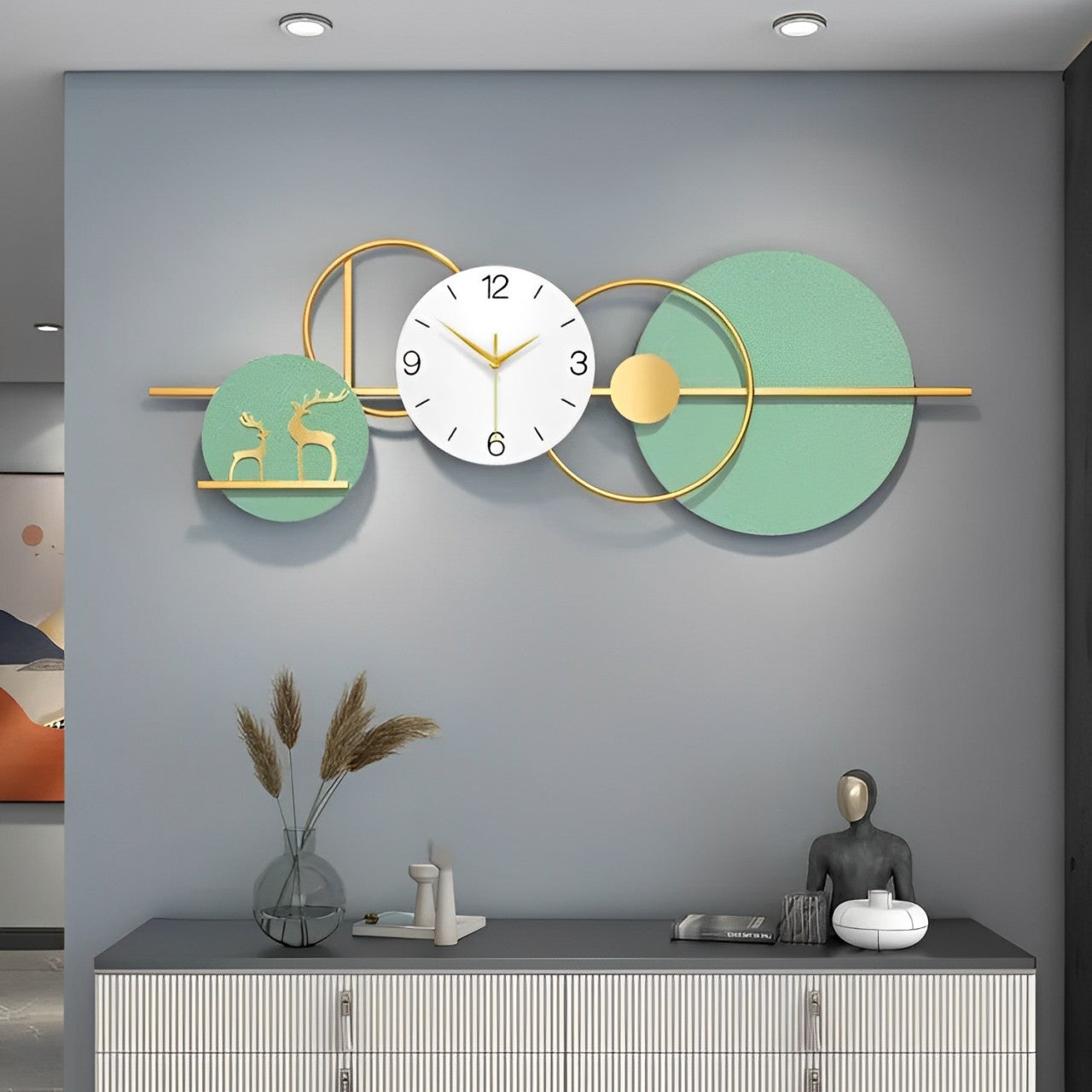 Luxury Green Deer Family Limited Edition Wall Clock [39x14 Inch]