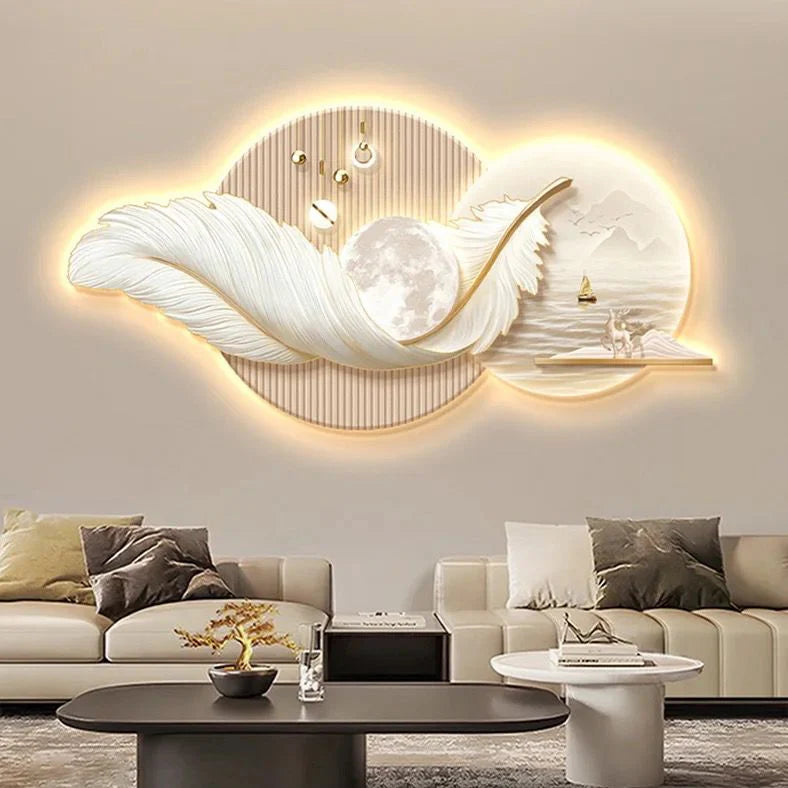 Premium White Leaf Crystal Glass Painting With LED Light For Wall Decor [48x32 Inch]