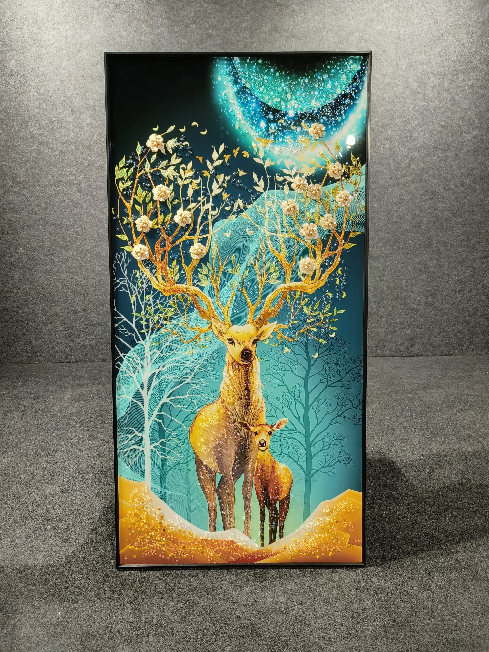 Deer Family Crystal Glass Painting [47x24 Inch]