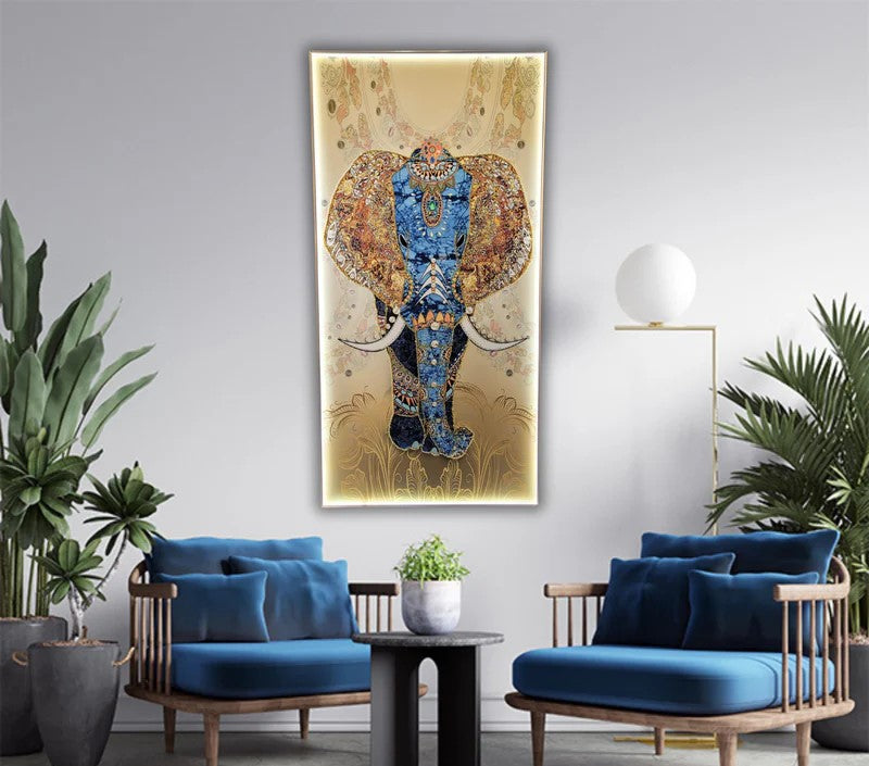 Premium Elephant Crystal Glass Painting With LED Light For Wall Decor [24x48 Inch]