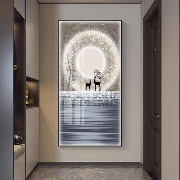 Premium Deer Family Crystal Glass Painting With LED Light For Wall Decor [24x48 Inch]