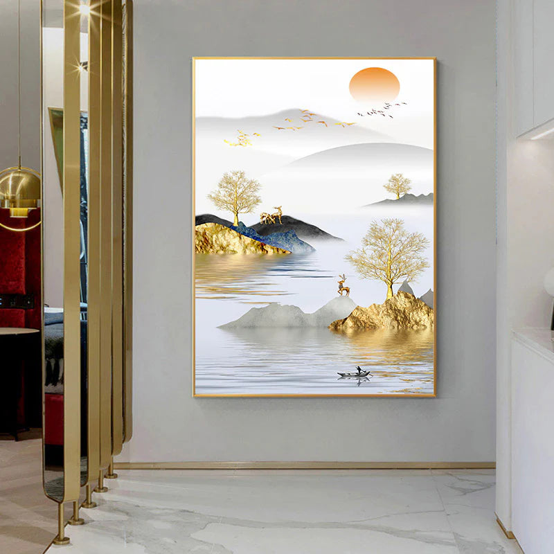 Premium White Landscape Glass Painting With LED Light For Wall Decor [24x48 Inch]