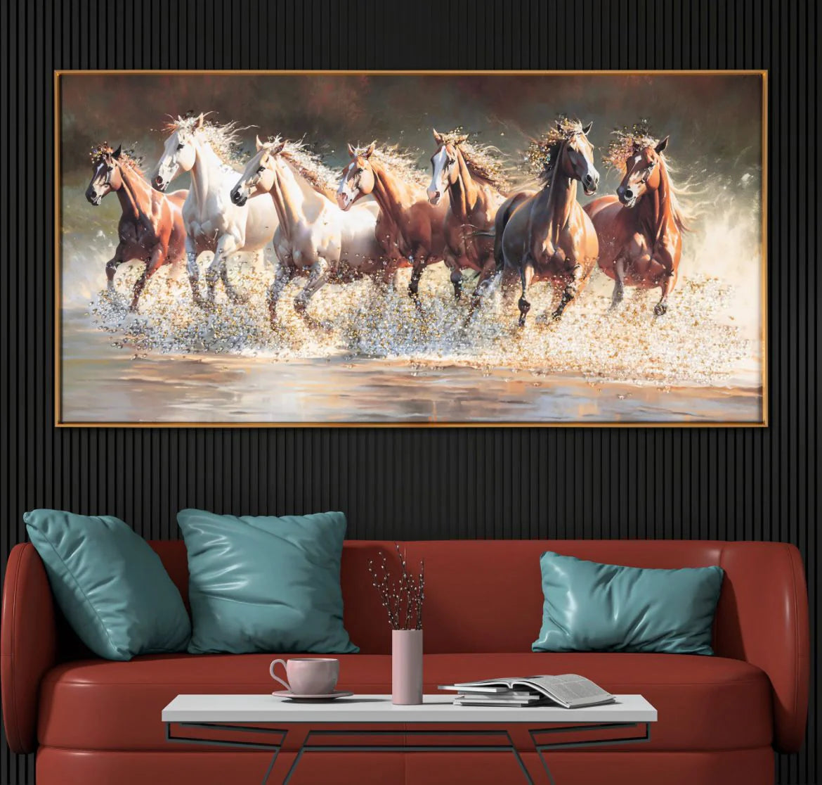 Premium Seven Horses Crystal Glass Painting With LED Light For Wall Decor [24x48 Inch]