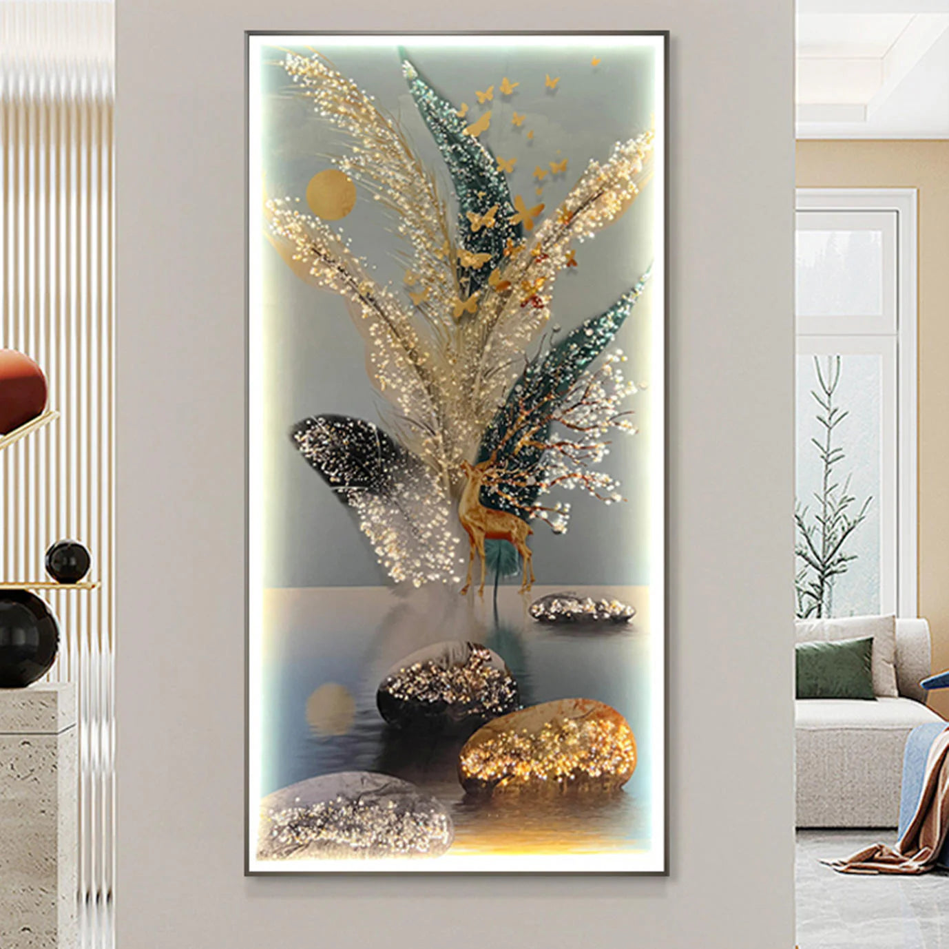 Premium Landscape Crystal Glass Painting With LED Light For Wall Decor [24x48 Inch]