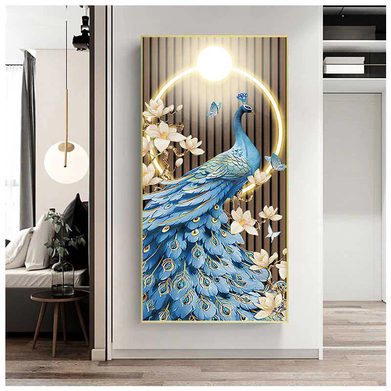 Premium Blue Peacock Crystal Glass Painting With LED Light For Wall Decor [24x48 Inch]