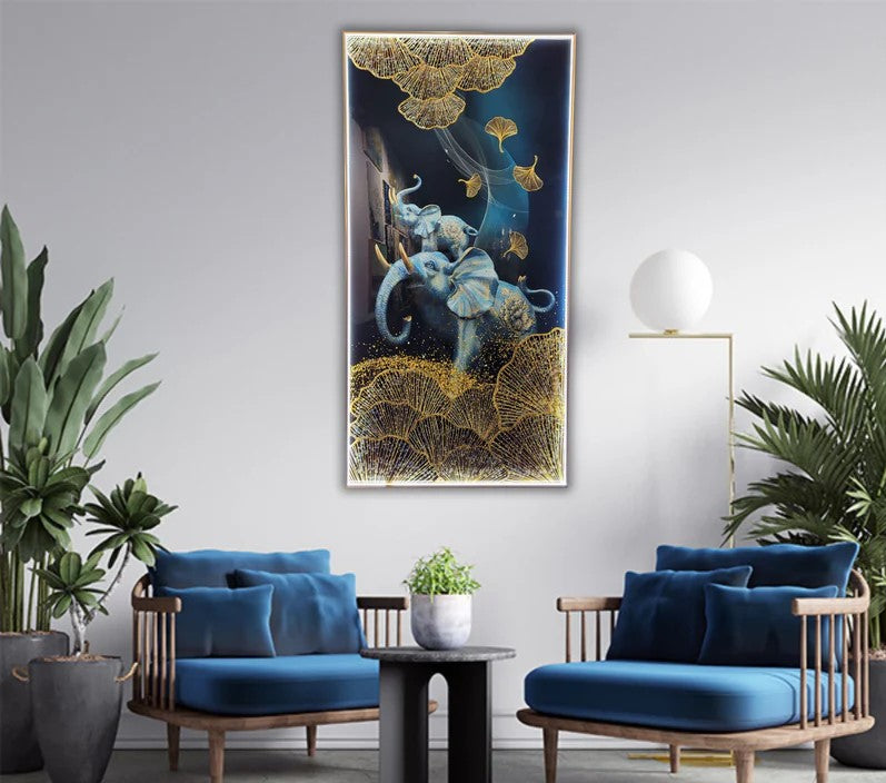 Premium Blue Elephant Crystal Glass Painting With LED Light For Wall Decor [24x48 Inch]