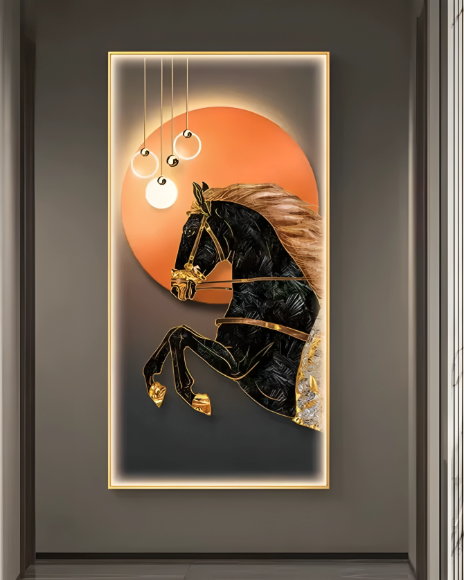 Premium Black Horse Crystal Glass Painting With LED Light For Wall Decor [24x48 Inch]