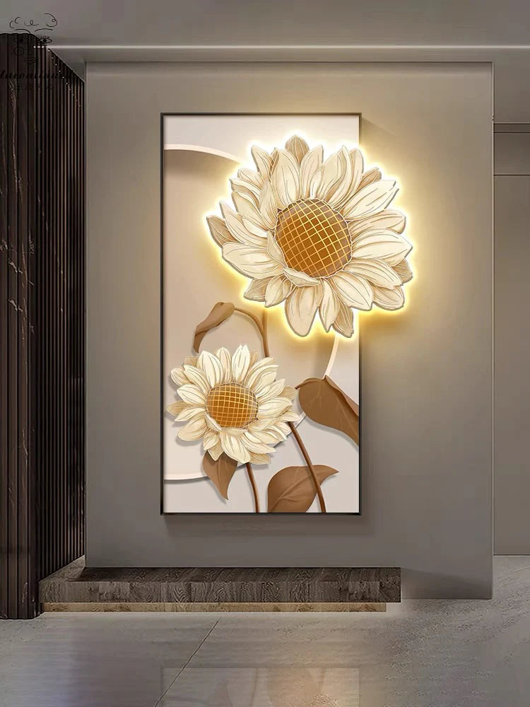 Premium Brown Flower Crystal Glass Painting With LED Light For Wall Decor [24x48 Inch]