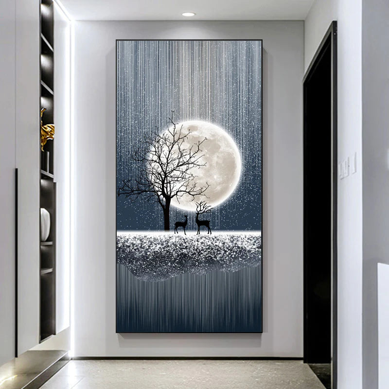 Premium Blue Night Deer Crystal Glass Painting With LED Light For Wall Decor [24x48 Inch]