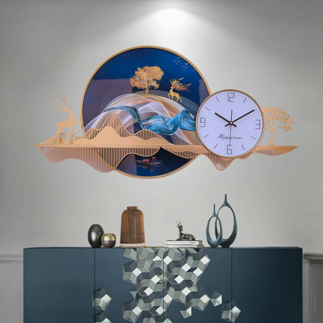 Luxury Blue Deer Landscape Limited Edition Wall Clock [39x18 Inch]