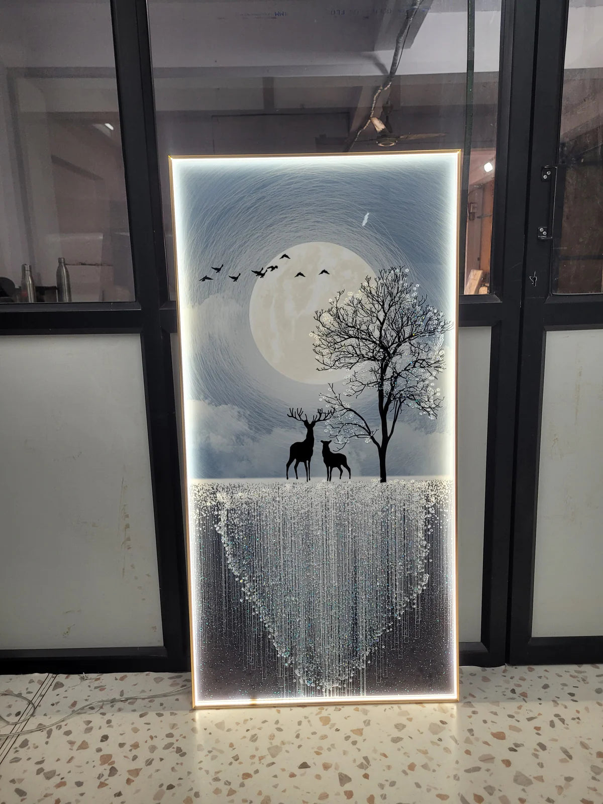 Premium Black Deer Family Crystal Glass Painting With LED Light For Wall Decor [24x48 Inch]