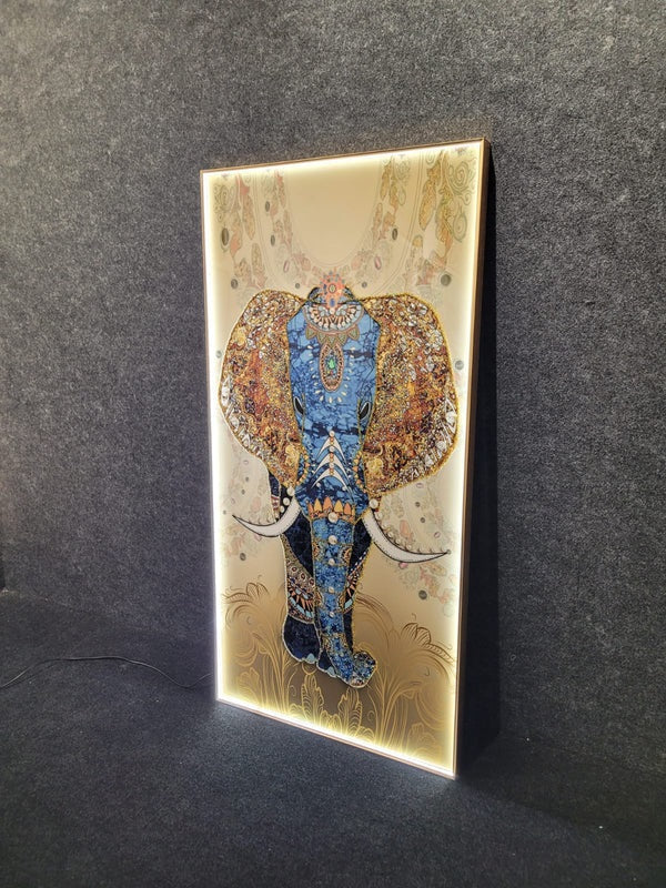 Premium Elephant Crystal Glass Painting With LED Light For Wall Decor [24x48 Inch]