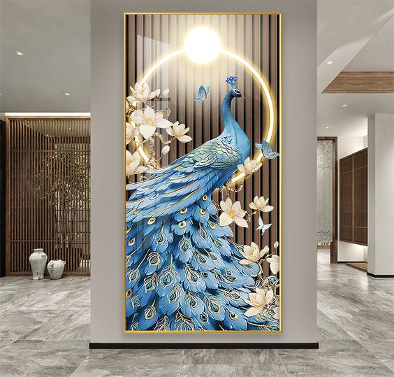 Premium Blue Peacock Crystal Glass Painting With LED Light For Wall Decor [24x48 Inch]