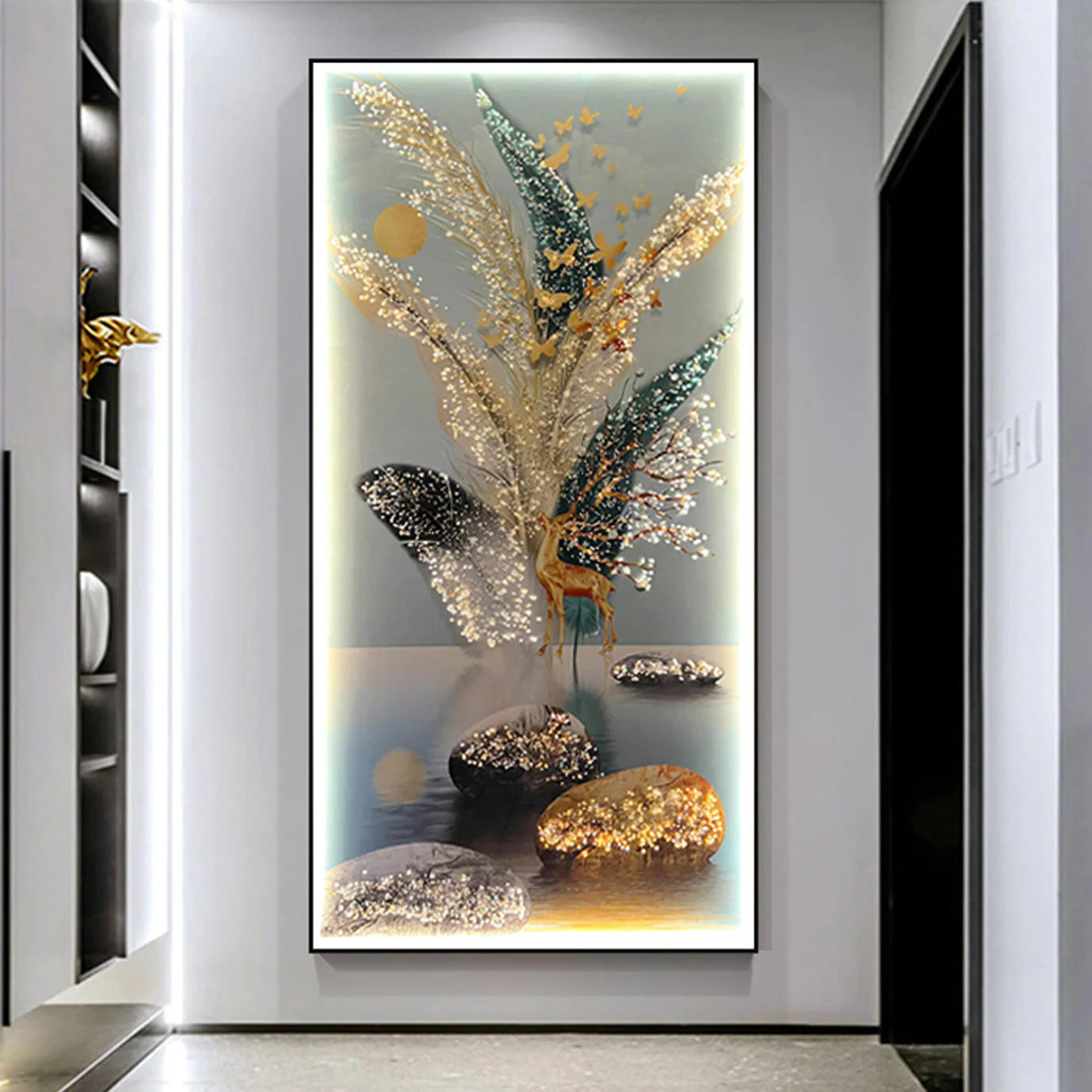 Premium Landscape Crystal Glass Painting With LED Light For Wall Decor [24x48 Inch]