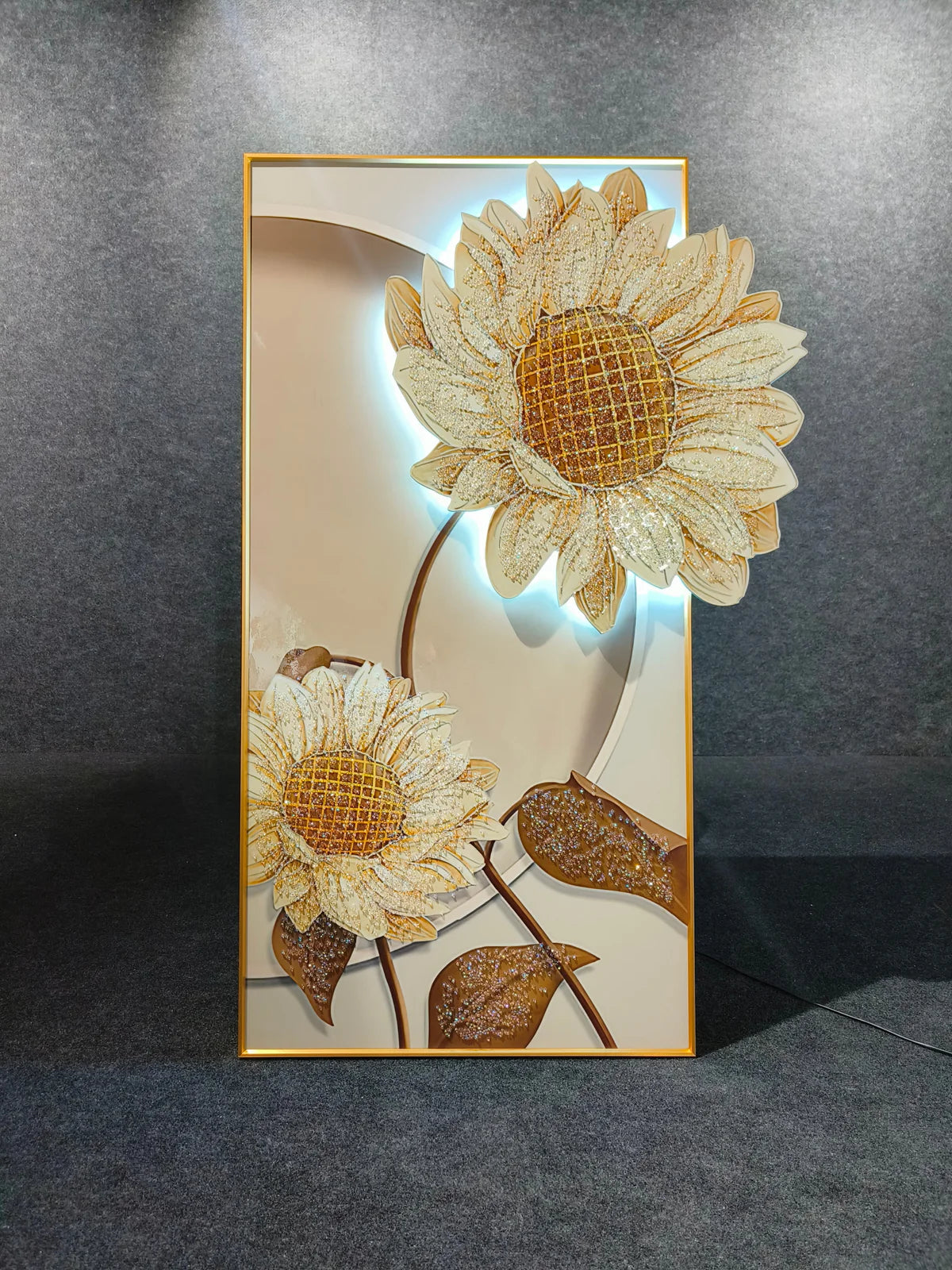 Premium Brown Flower Crystal Glass Painting With LED Light For Wall Decor [24x48 Inch]