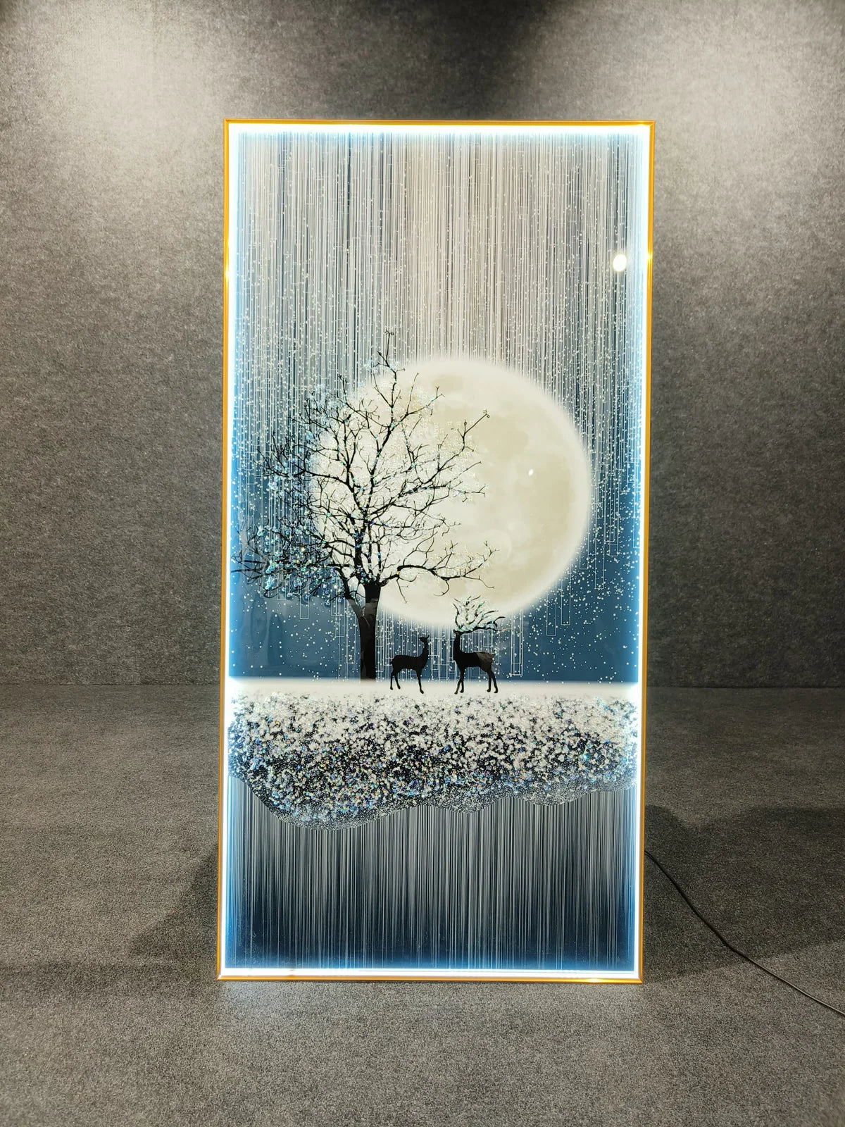 Premium Blue Night Deer Crystal Glass Painting With LED Light For Wall Decor [24x48 Inch]