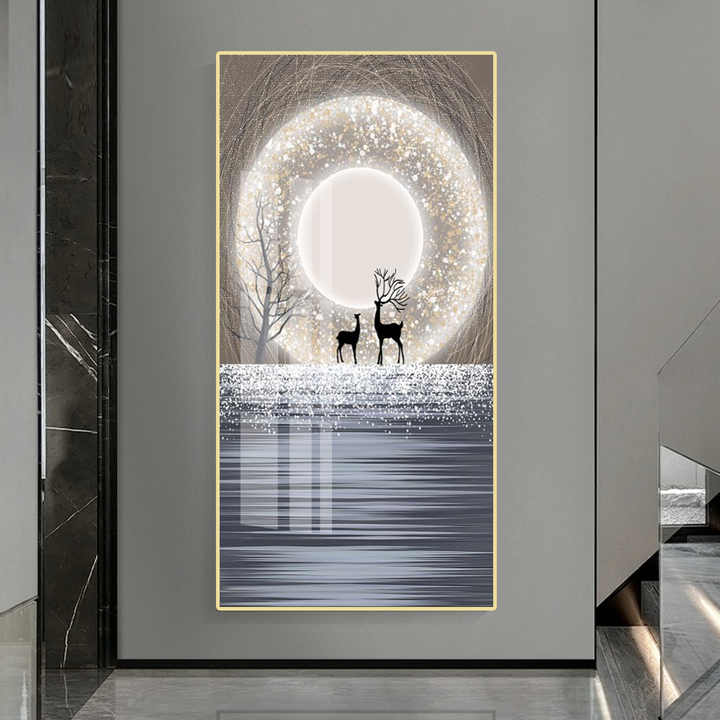 Premium Deer Family Crystal Glass Painting With LED Light For Wall Decor [24x48 Inch]