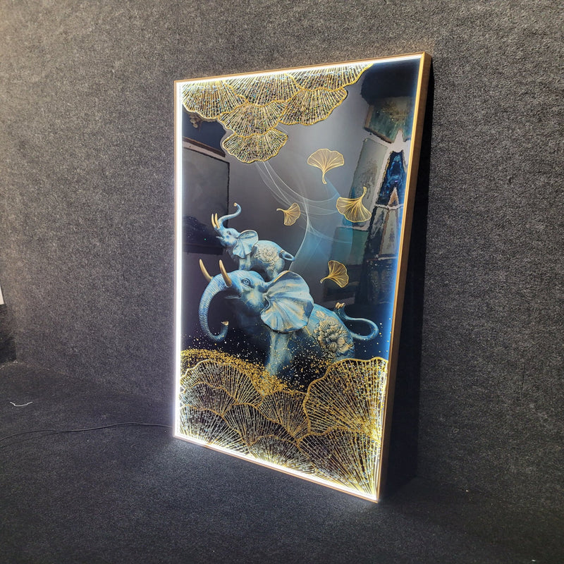 Premium Blue Elephant Crystal Glass Painting With LED Light For Wall Decor [24x48 Inch]