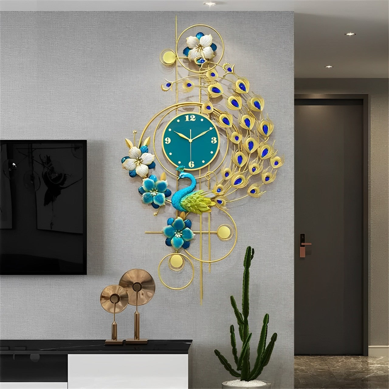 Blue Peacock Art Wall Clock [24x39 Inch]