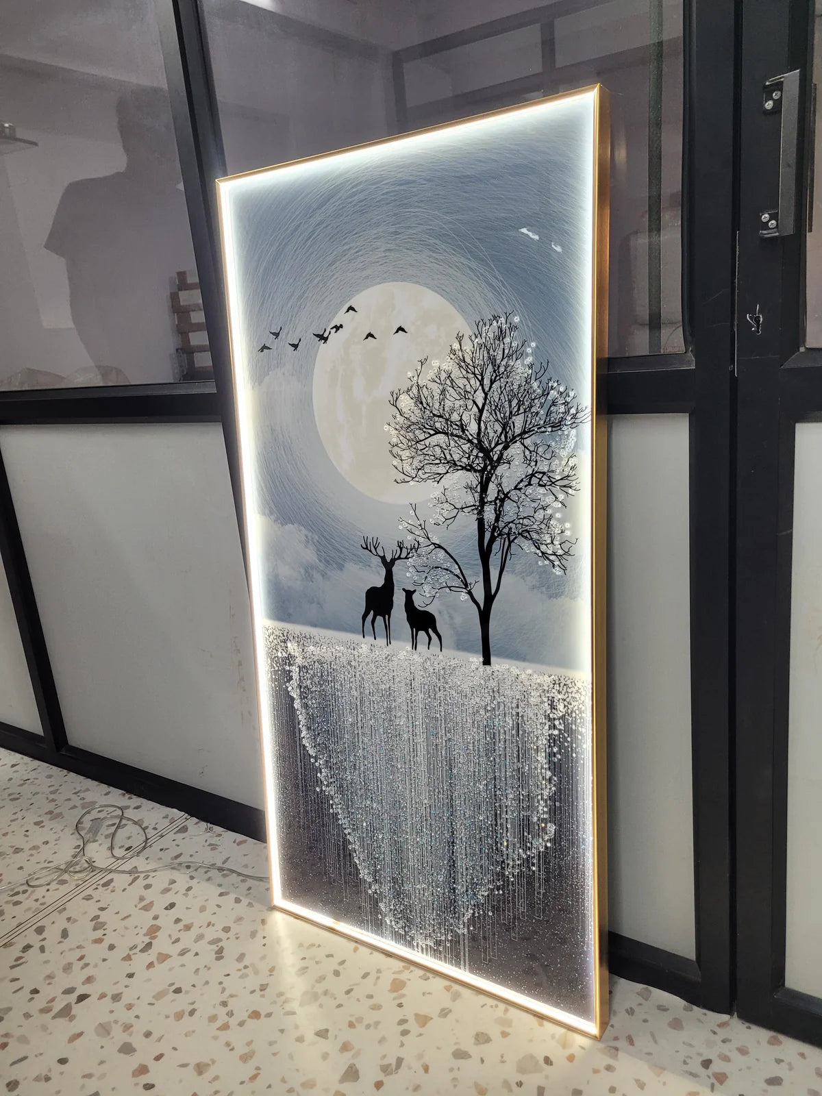 Premium Black Deer Family Crystal Glass Painting With LED Light For Wall Decor [24x48 Inch]