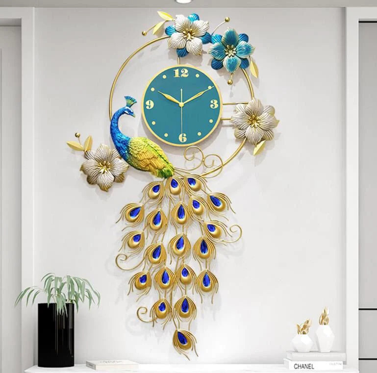 Luxury Blue Peacock Art Wall Clock [24x41 Inch]