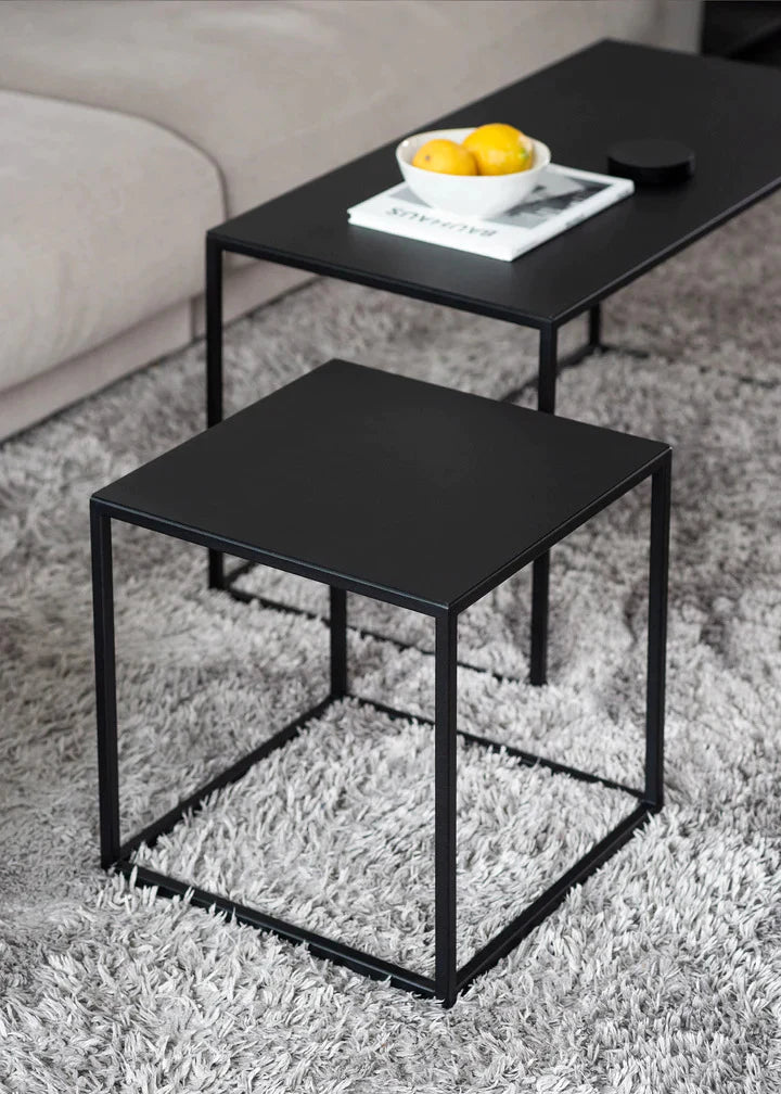 Modern Black Metal Coffee Table With Nesting Stools