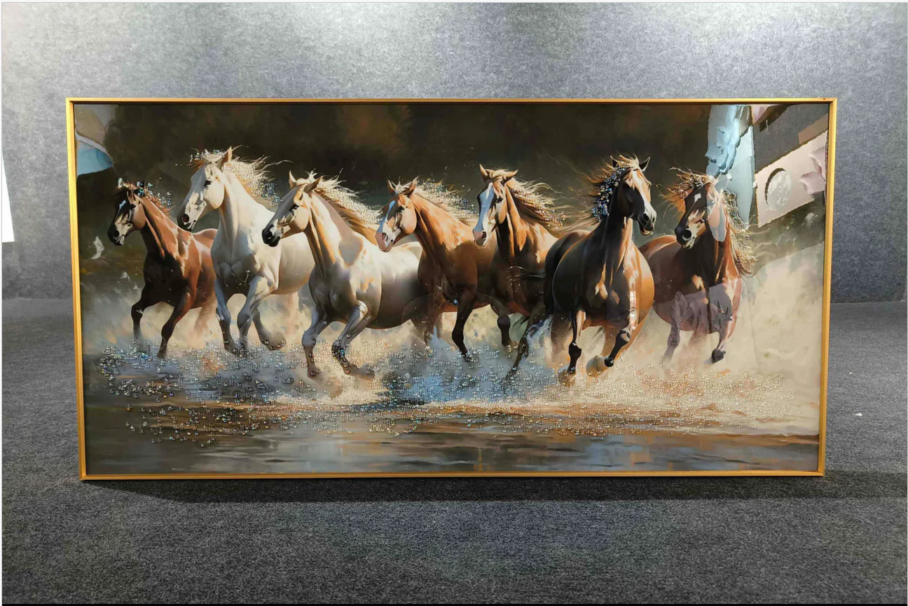 Premium Seven Horses Crystal Glass Painting With LED Light For Wall Decor [24x48 Inch]