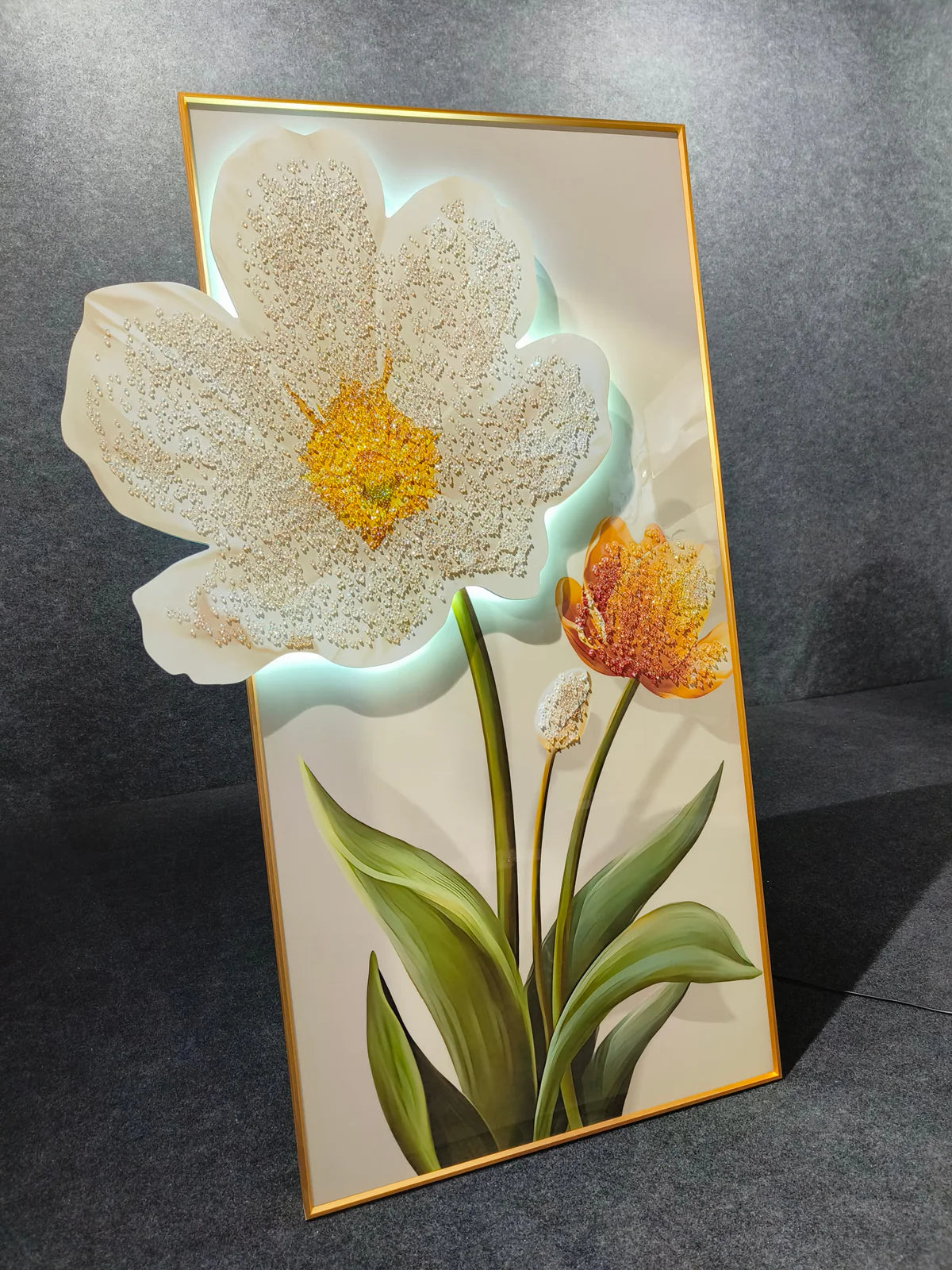 Premium Flower Crystal Glass Painting With LED Light For Wall Decor [24x48 Inch]