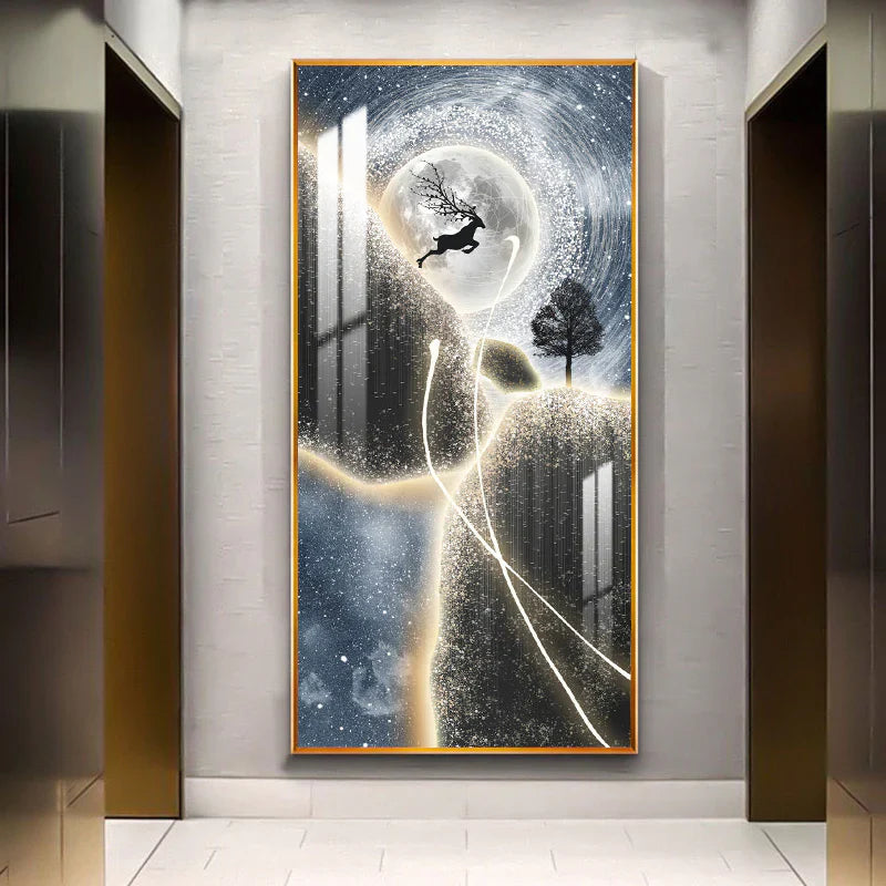 Premium Jumping Deer Crystal Glass Painting With LED Light For Wall Decor [24x48 Inch]