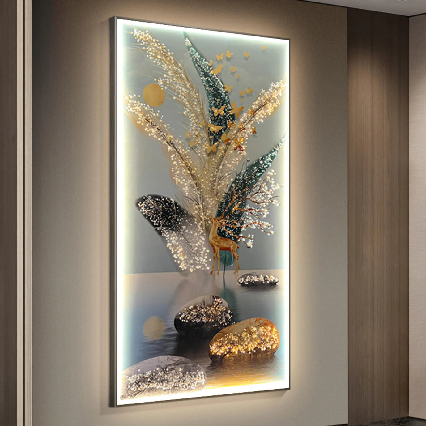 Premium Landscape Crystal Glass Painting With LED Light For Wall Decor [24x48 Inch]