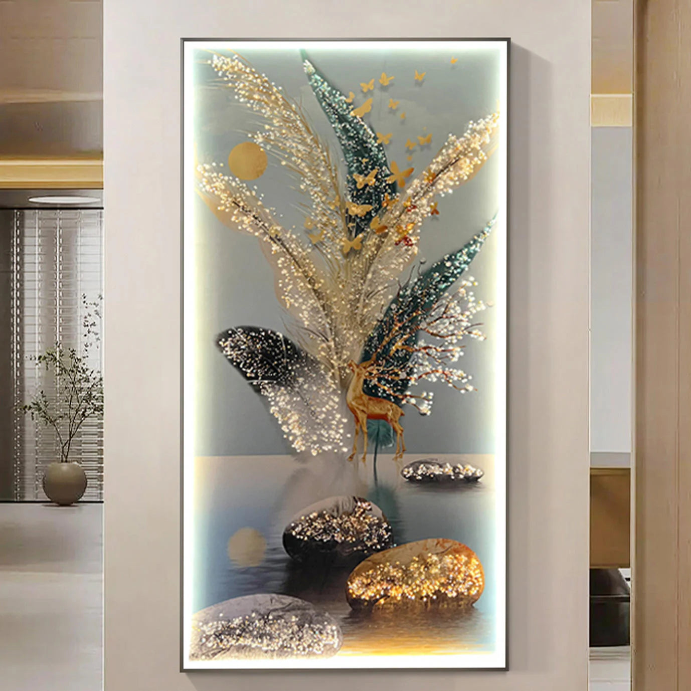 Premium Landscape Crystal Glass Painting With LED Light For Wall Decor [24x48 Inch]