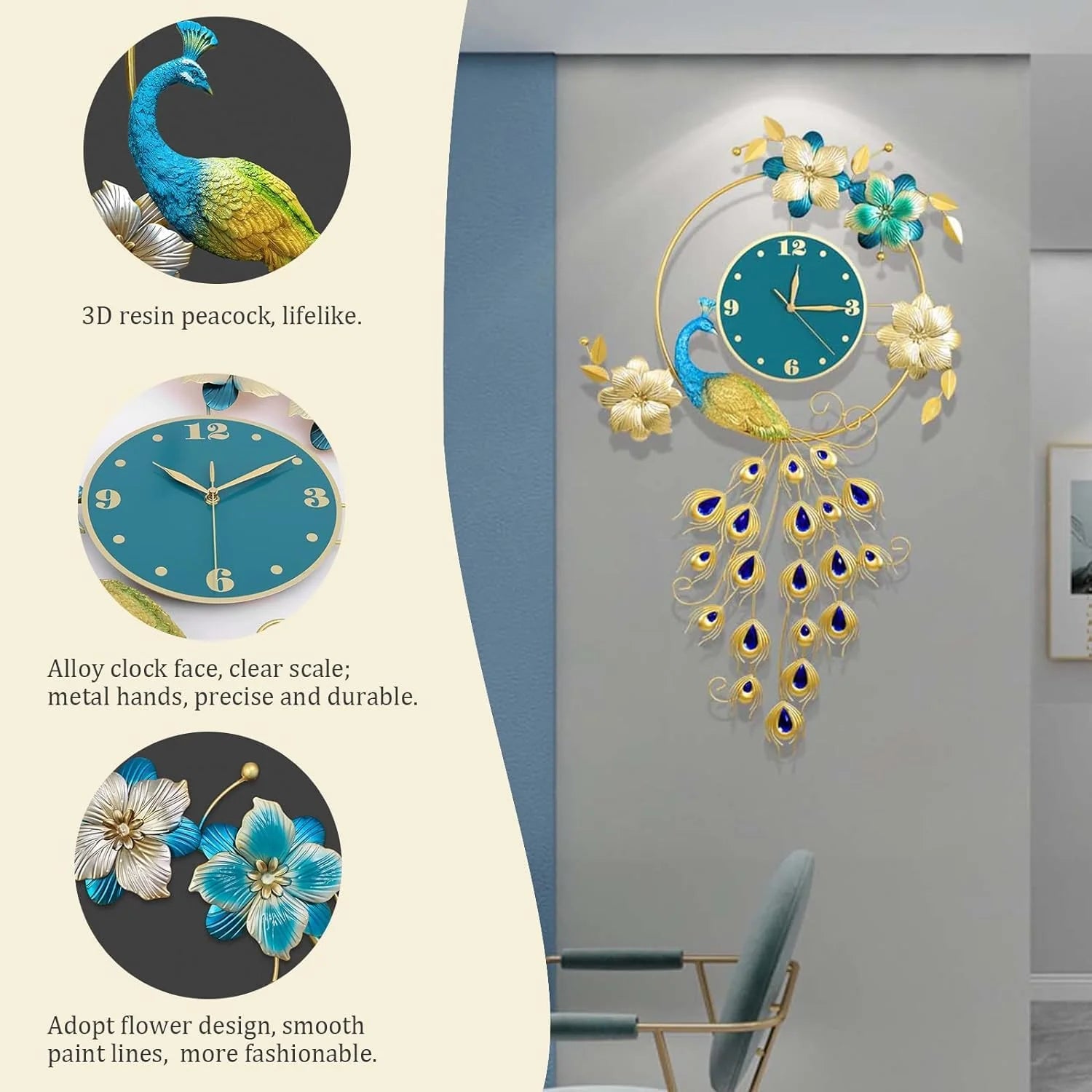 Luxury Blue Peacock Art Wall Clock [24x41 Inch]